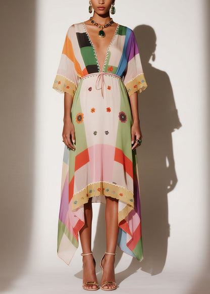 Women V Neck Print Asymmetrical Chiffon Long Dresses Summer