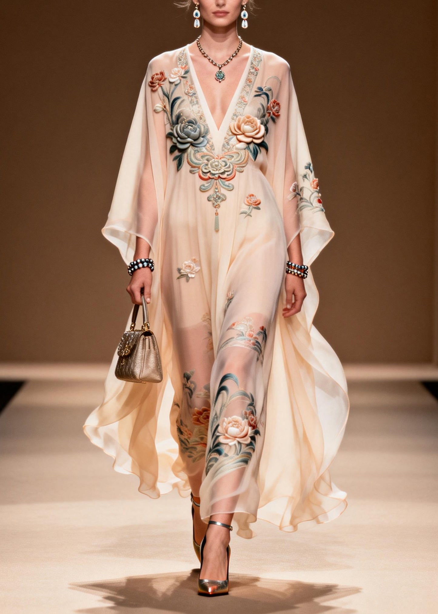 Women V Neck Print Chiffon Long Dress Spring