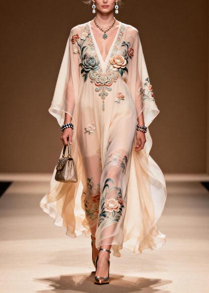 Women V Neck Print Chiffon Long Dress Spring
