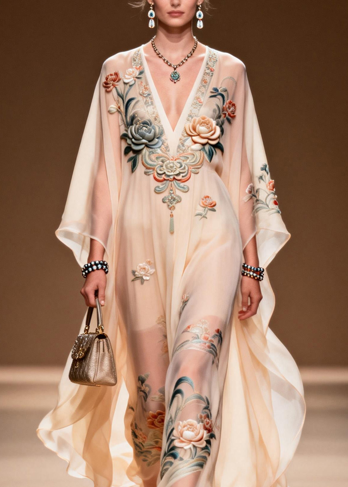 Women V Neck Print Chiffon Long Dress Spring
