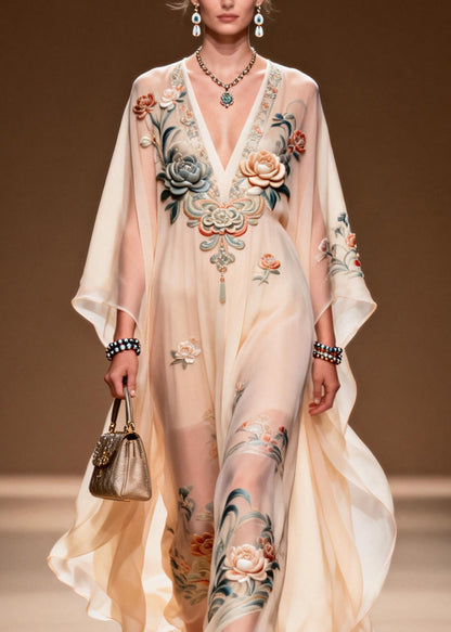 Women V Neck Print Chiffon Long Dress Spring