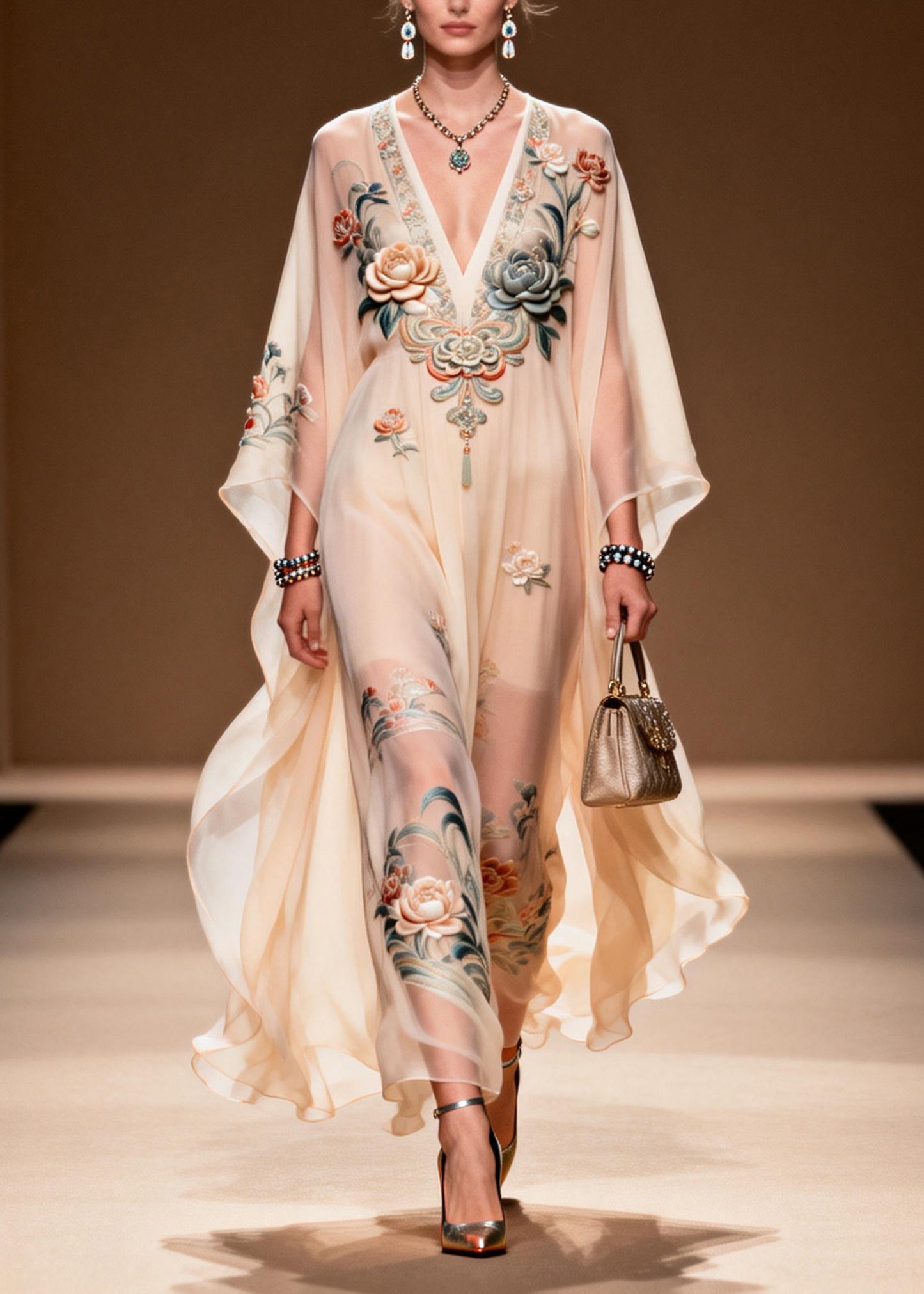 Women V Neck Print Chiffon Long Dress Spring