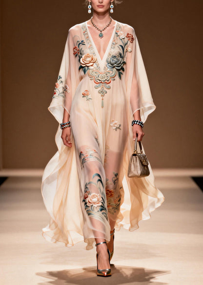 Women V Neck Print Chiffon Long Dress Spring