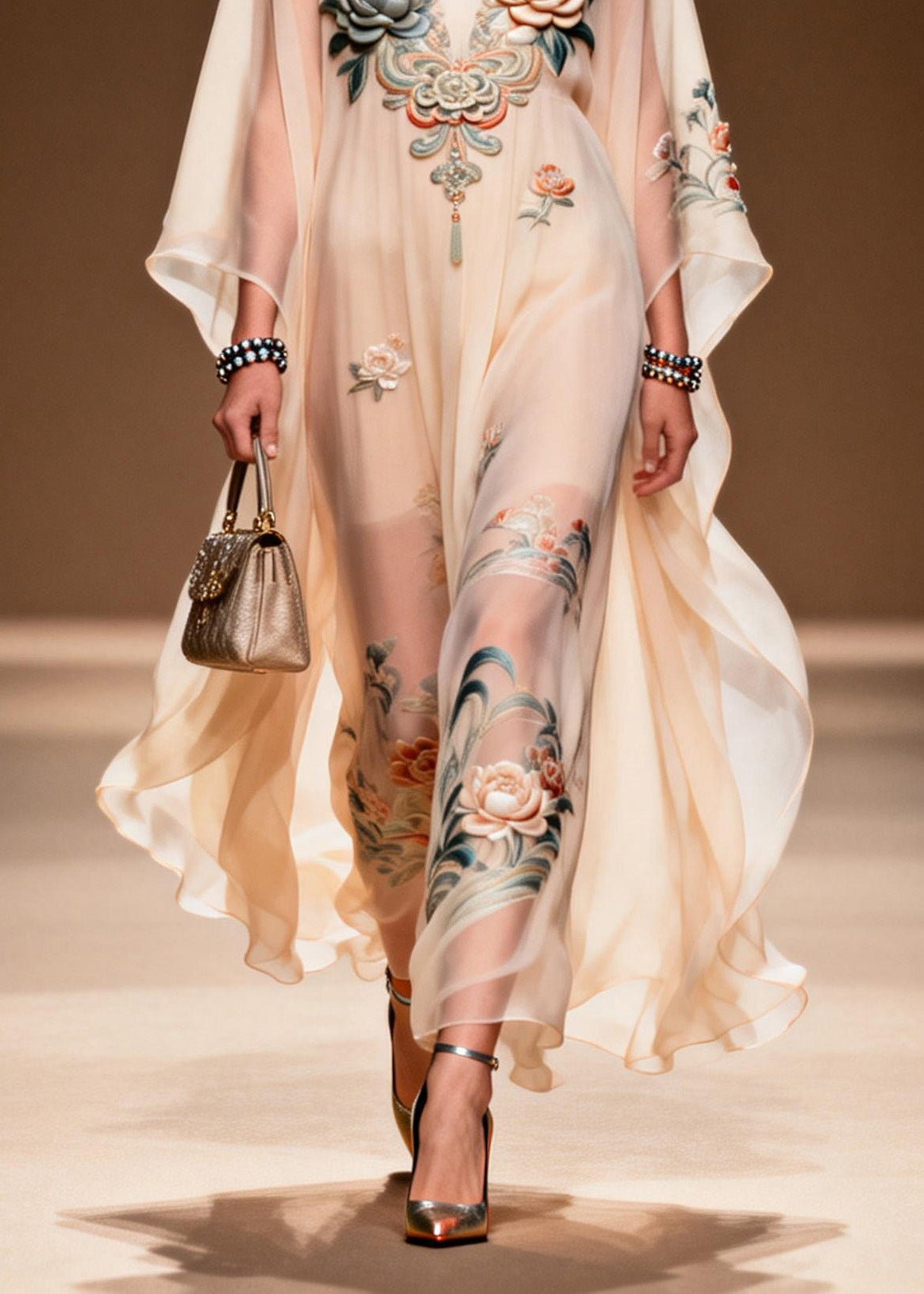 Women V Neck Print Chiffon Long Dress Spring
