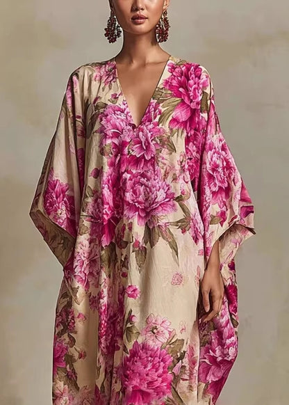 Women V Neck Print Cotton Robe Dresses Summer