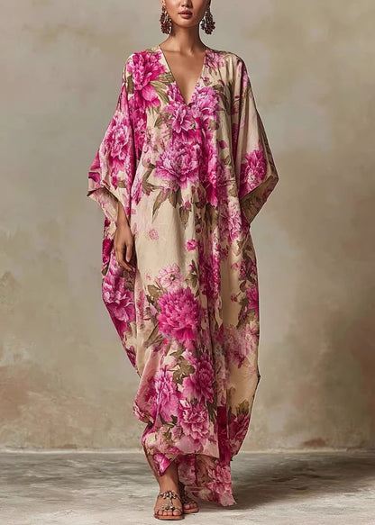 Women V Neck Print Cotton Robe Dresses Summer