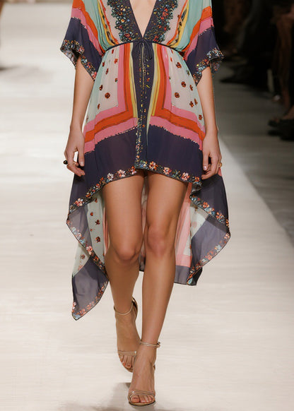 Women V Neck Print Low High Design Chiffon Dress Summer