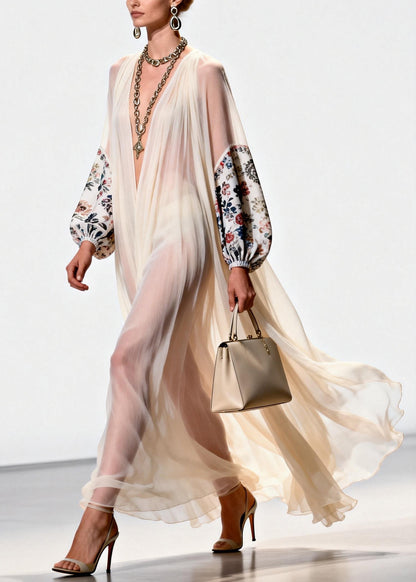 Women V Neck Print Patchwork Chiffon Dress Spring