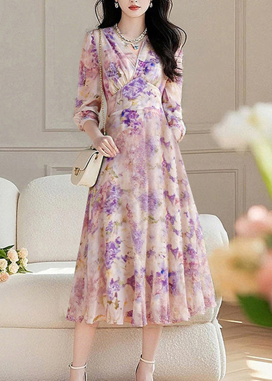 Women V Neck Print Patchwork Chiffon Long Dress Fall