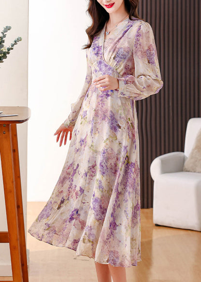 Women V Neck Print Patchwork Chiffon Long Dress Fall