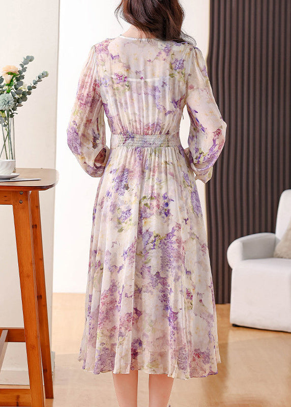 Women V Neck Print Patchwork Chiffon Long Dress Fall