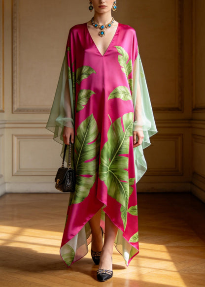 Women V Neck Print Patchwork Chiffon Maxi Dresses Summer
