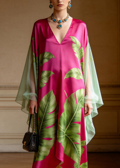 Women V Neck Print Patchwork Chiffon Maxi Dresses Summer