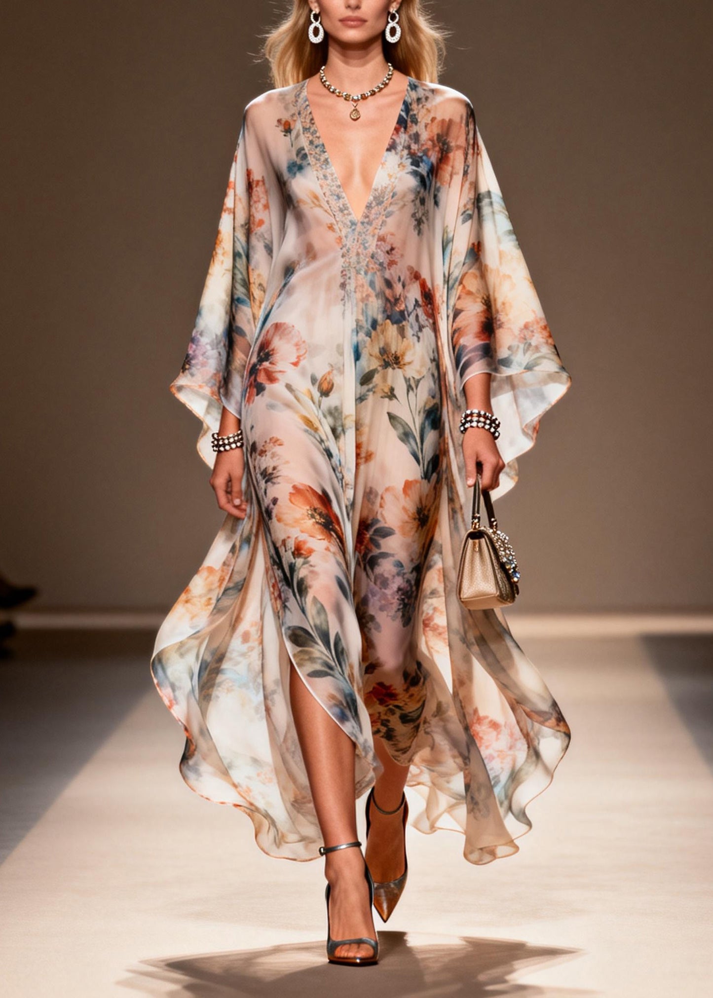 Women V Neck Print Side Open Chiffon Dress Spring