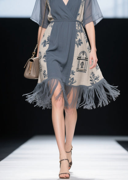 Women V Neck Print Tassel Patchwork Cotton Dress Summer