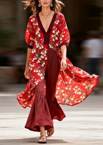 Women V Neck Print Tops And Pants Cotton Two Pieces Set Summer