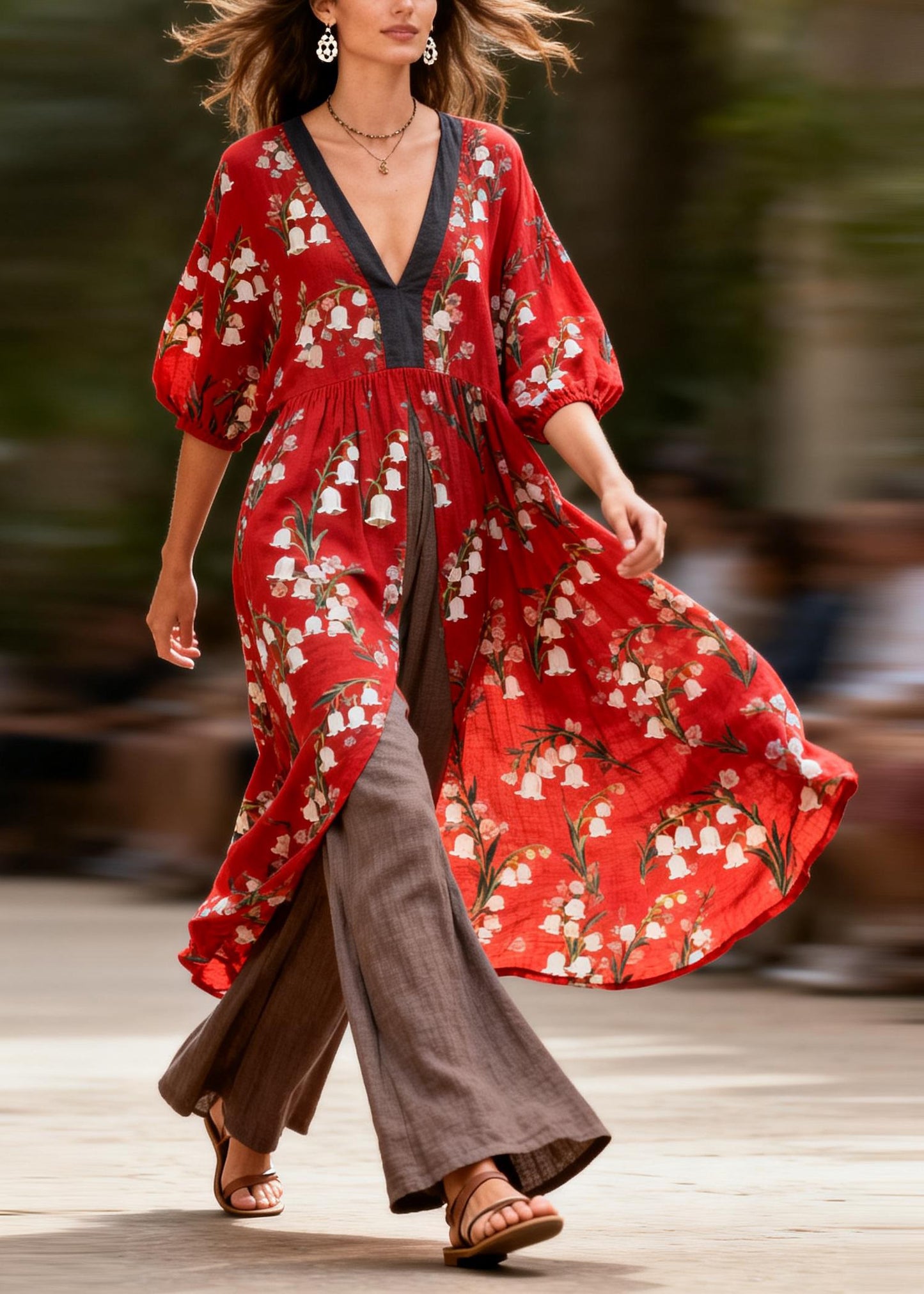 Women V Neck Print Tops And Pants Loose Cotton Two Pieces Set Summer