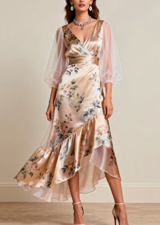 Women V Neck Print Tulle Patchwork Silk Dresses Sleeveless