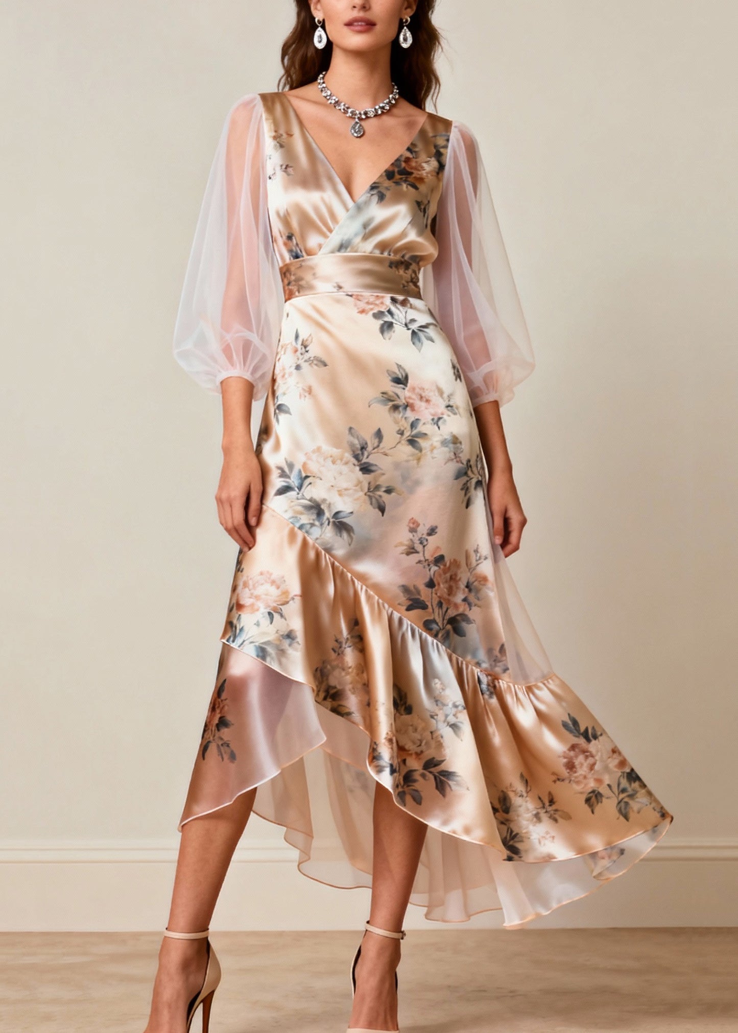 Women V Neck Print Tulle Patchwork Silk Dresses Sleeveless
