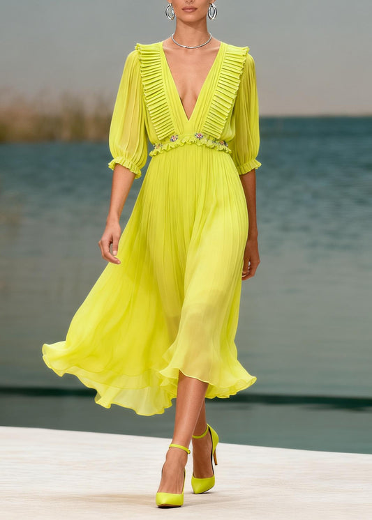 Women V Neck Ruffled Floral Chiffon Long Dress Summer