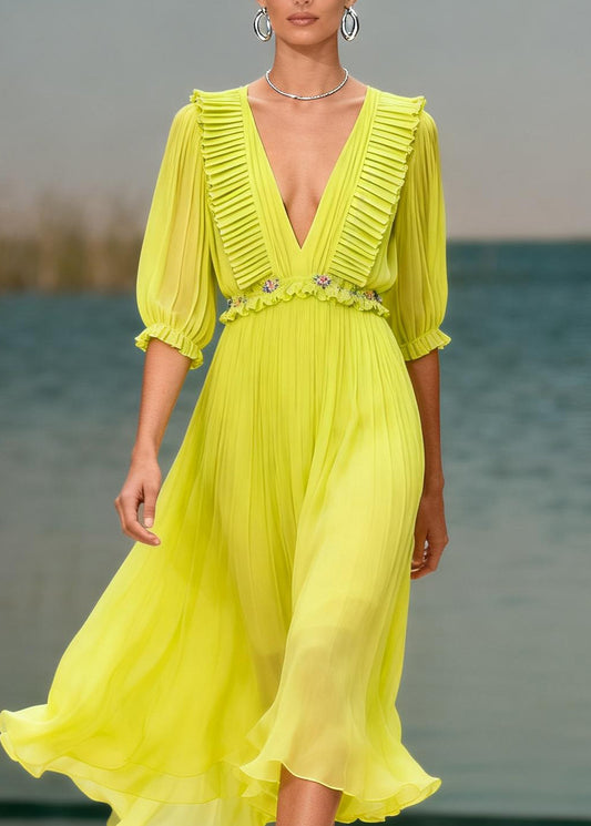 Women V Neck Ruffled Floral Chiffon Long Dress Summer