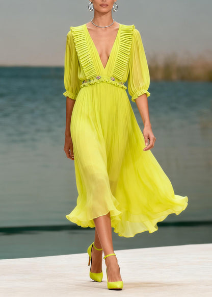 Women V Neck Ruffled Floral Chiffon Long Dress Summer
