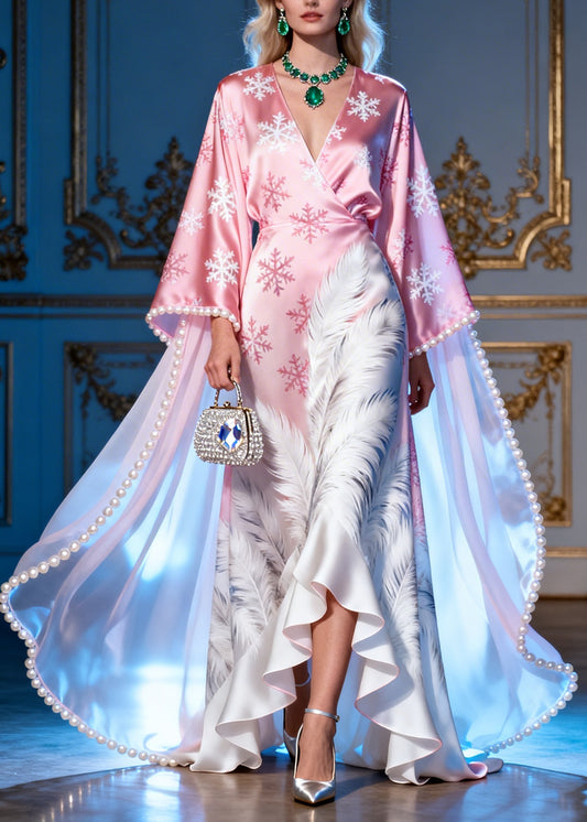 Women V Neck Ruffled Nail Bead Patchwork Silk Maxi Dresses Summer