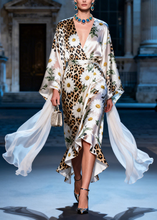 Women V Neck Ruffled Print Tie Waist Silk Long Dress Summer