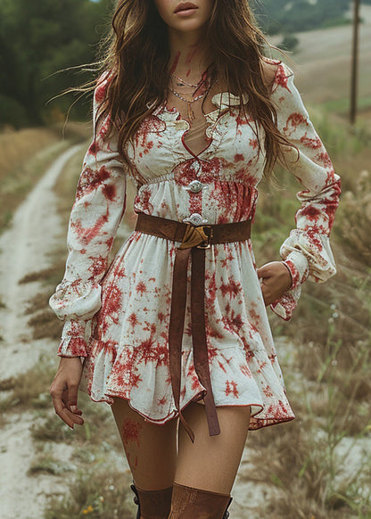 Women V Neck Ruffled Tie Dye Pastoral Style Mini Dress Long Sleeve