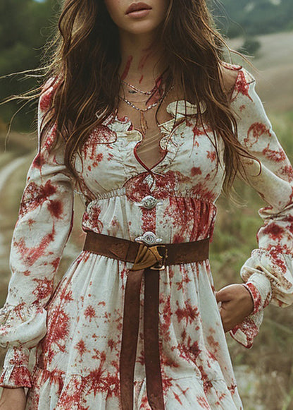 Women V Neck Ruffled Tie Dye Pastoral Style Mini Dress Long Sleeve