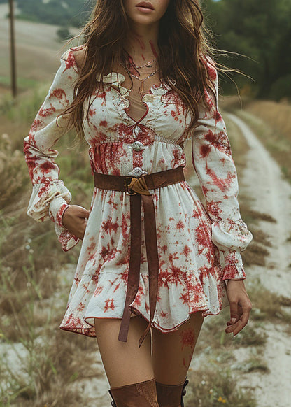 Women V Neck Ruffled Tie Dye Pastoral Style Mini Dress Long Sleeve