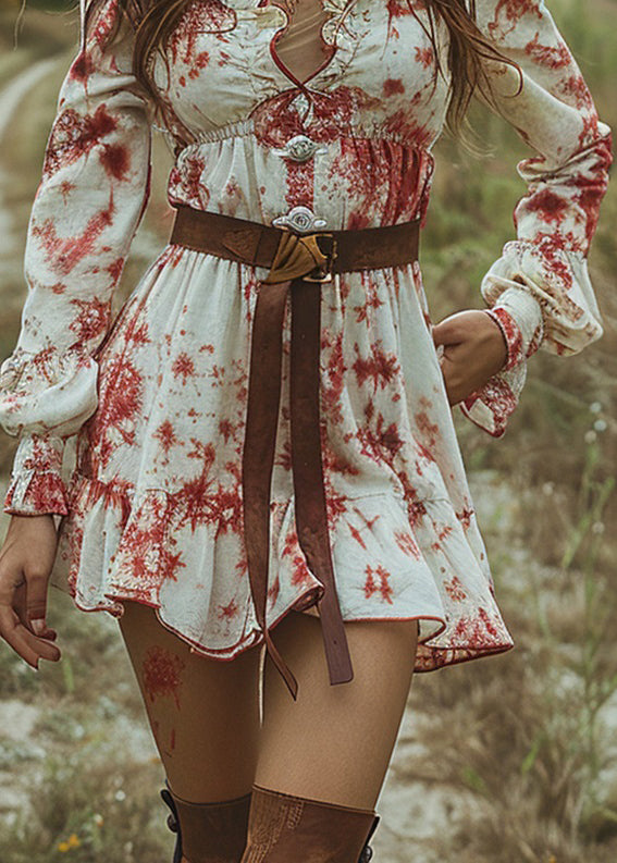 Women V Neck Ruffled Tie Dye Pastoral Style Mini Dress Long Sleeve