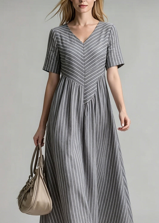 Women V Neck Striped Patchwork Cotton Dress Summer