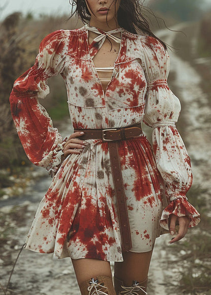 Women V Neck Tie Dye Pastoral Style Mid Dress Flare Sleeve