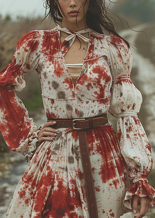 Women V Neck Tie Dye Pastoral Style Mid Dress Flare Sleeve