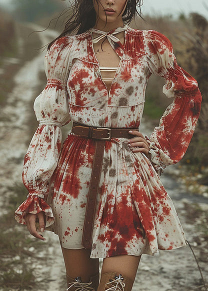 Women V Neck Tie Dye Pastoral Style Mid Dress Flare Sleeve