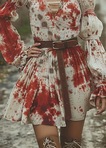 Women V Neck Tie Dye Pastoral Style Mid Dress Flare Sleeve