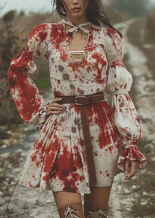 Women V Neck Tie Dye Pastoral Style Mid Dress Flare Sleeve