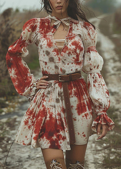 Women V Neck Tie Dye Pastoral Style Mid Dress Flare Sleeve