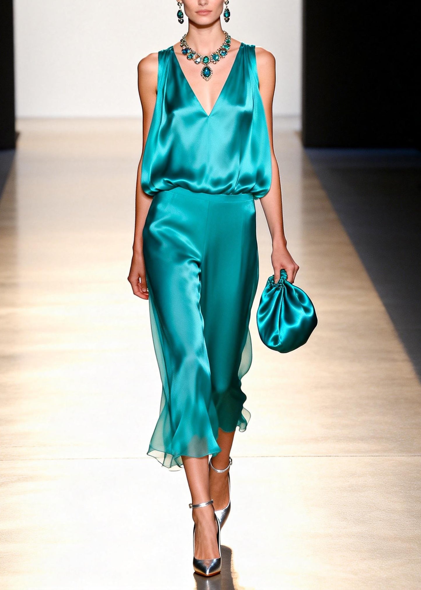 Women V Neck Tops And Pants Silk Two Pieces Set Sleeveless