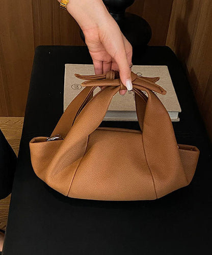 Women Versatile Brown Bow Wrinkled Faux Leather Tote Bag