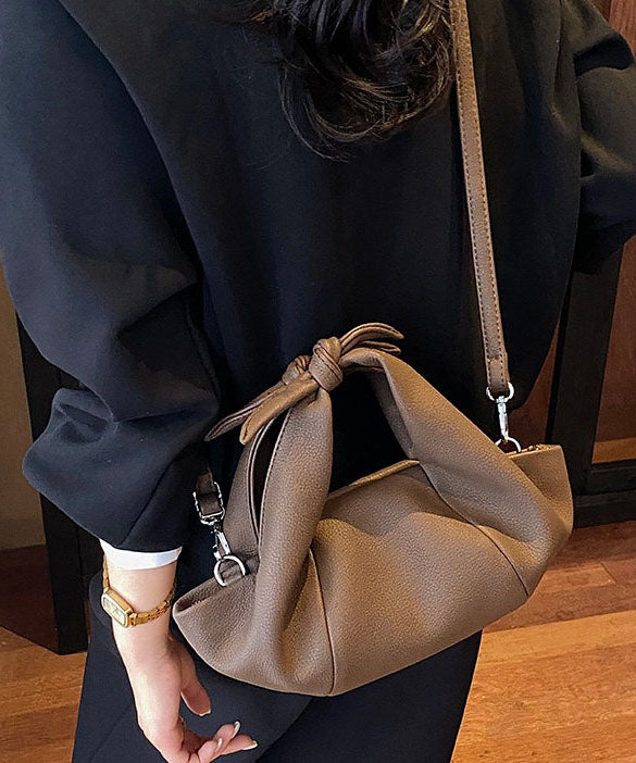 Women Versatile Brown Bow Wrinkled Faux Leather Tote Bag