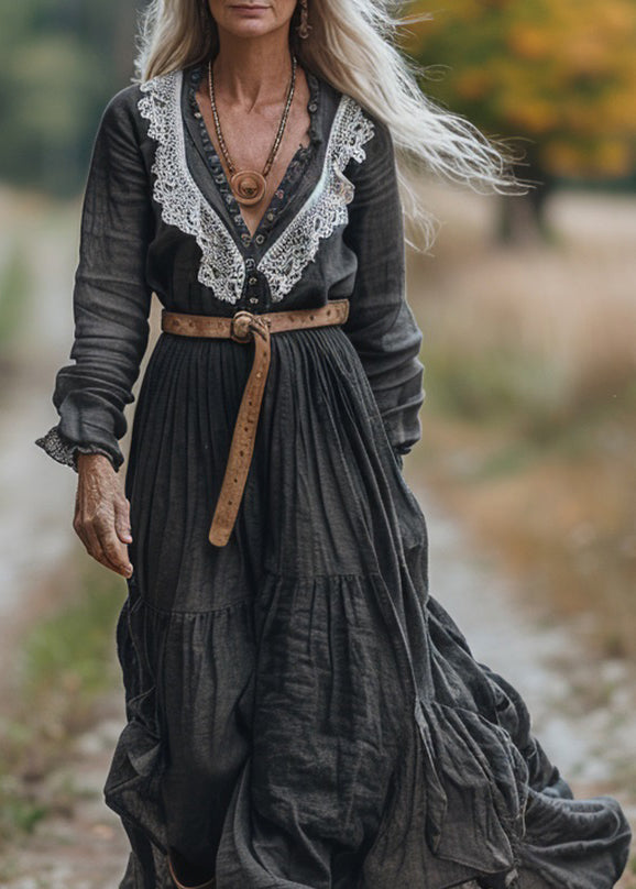 Women Vintage V Neck Lace Patchwork Cotton Long Sleeve Maxi Dress