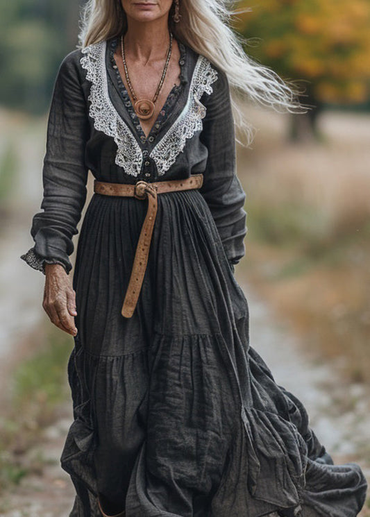 Women Vintage V Neck Lace Patchwork Cotton Long Sleeve Maxi Dress