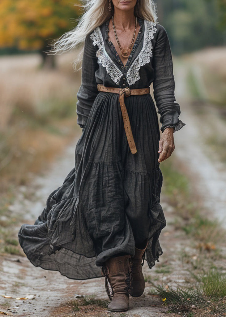 Women Vintage V Neck Lace Patchwork Cotton Long Sleeve Maxi Dress