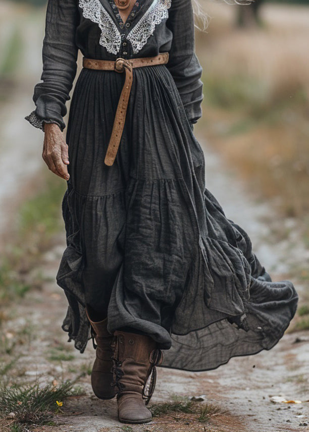 Women Vintage V Neck Lace Patchwork Cotton Long Sleeve Maxi Dress