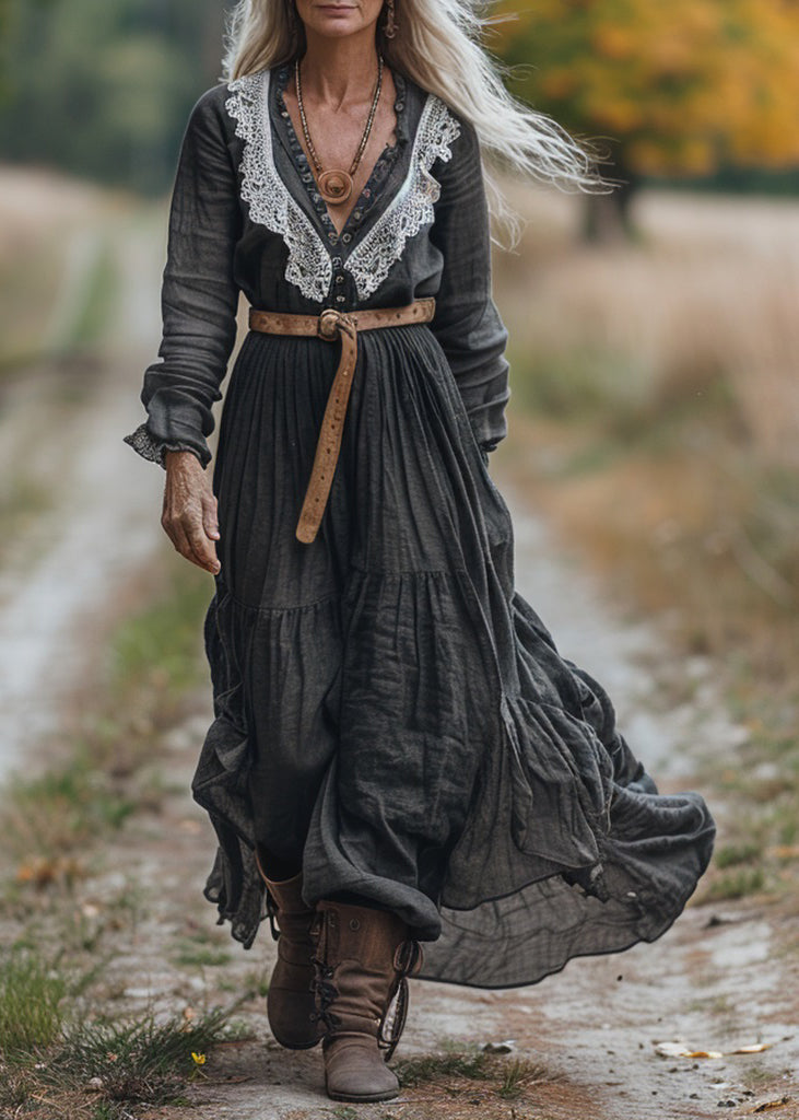 Women Vintage V Neck Lace Patchwork Cotton Long Sleeve Maxi Dress
