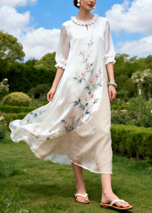 Women White Asymmetrical Patchwork Print Chiffon Ankle Dress Summer