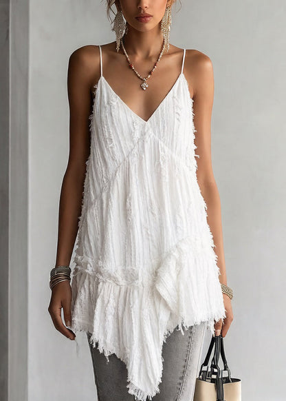 Women White Asymmetrical Ruffled Cotton Spaghetti Strap Tank Sleeveless