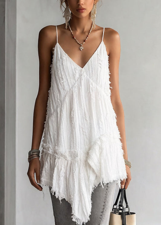 Women White Asymmetrical Ruffled Cotton Spaghetti Strap Tank Sleeveless